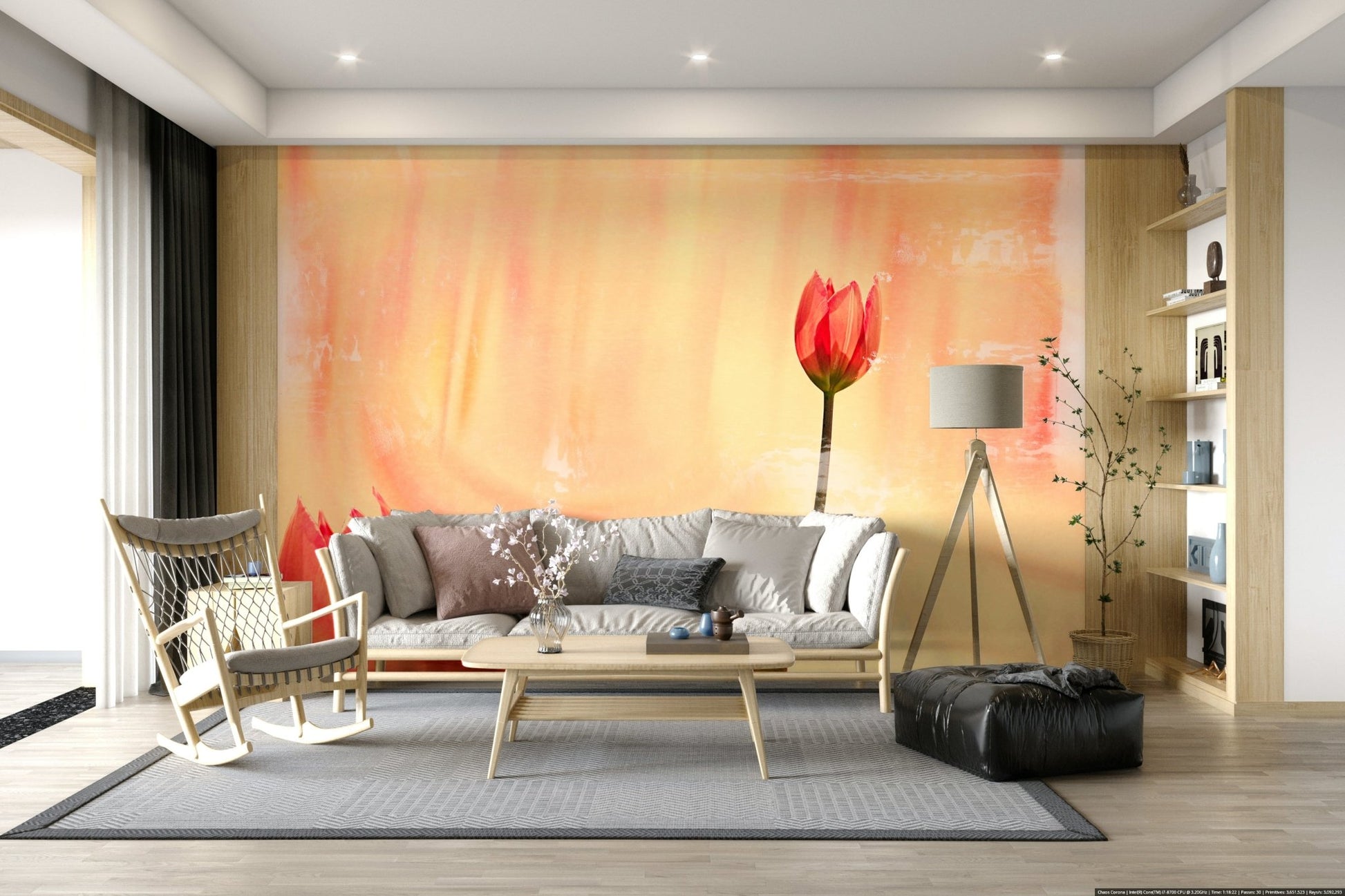 An artistic delicate bloom mural on minimalist wallpaper.

