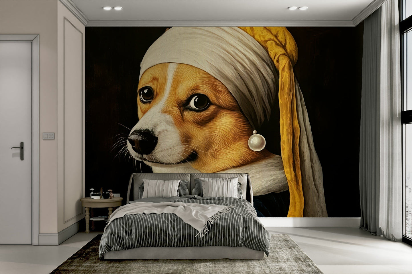 corgi with pearl earring in blue robe wall mural GD3325

