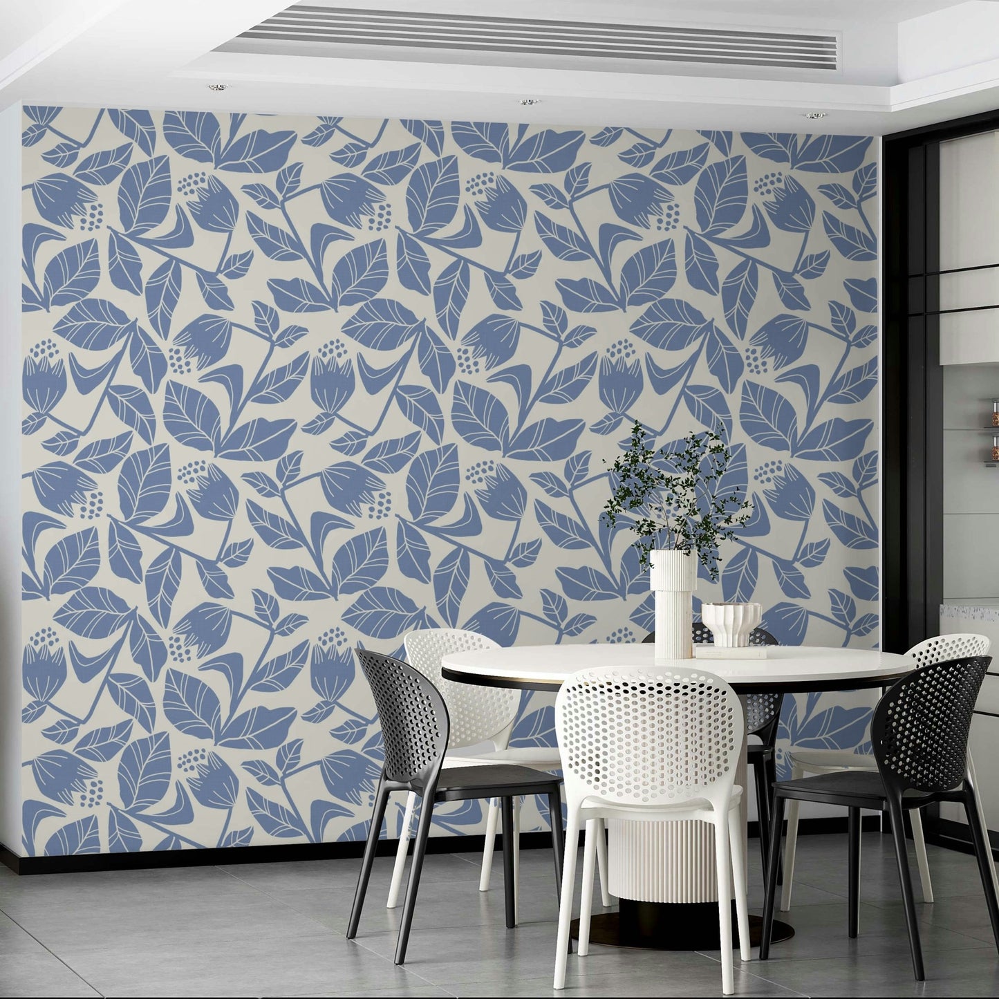Fresh botanical wallpaper with blue accents

