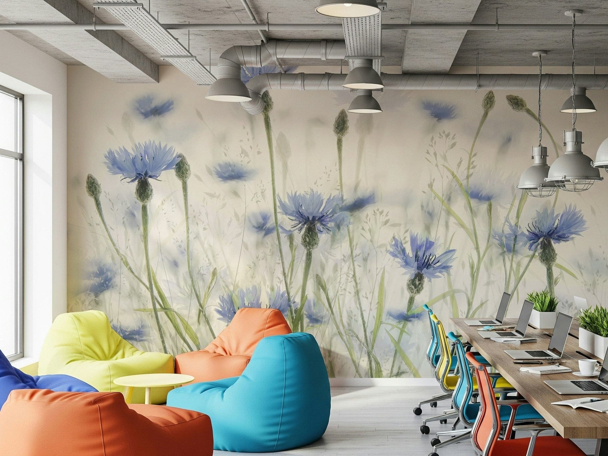 A close-up shot of the detailed cornflower blossoms on the mural.