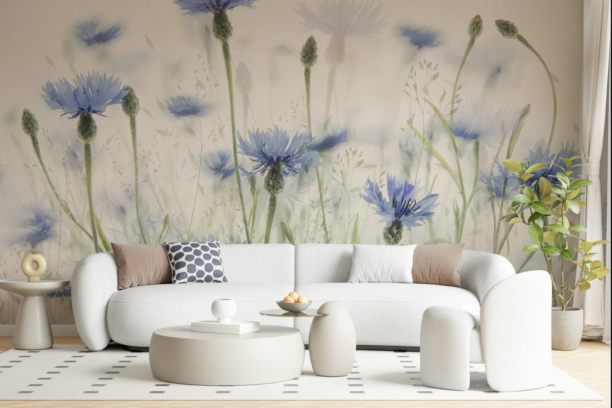 The mural has a realistic, high-resolution appearance of a meadow.