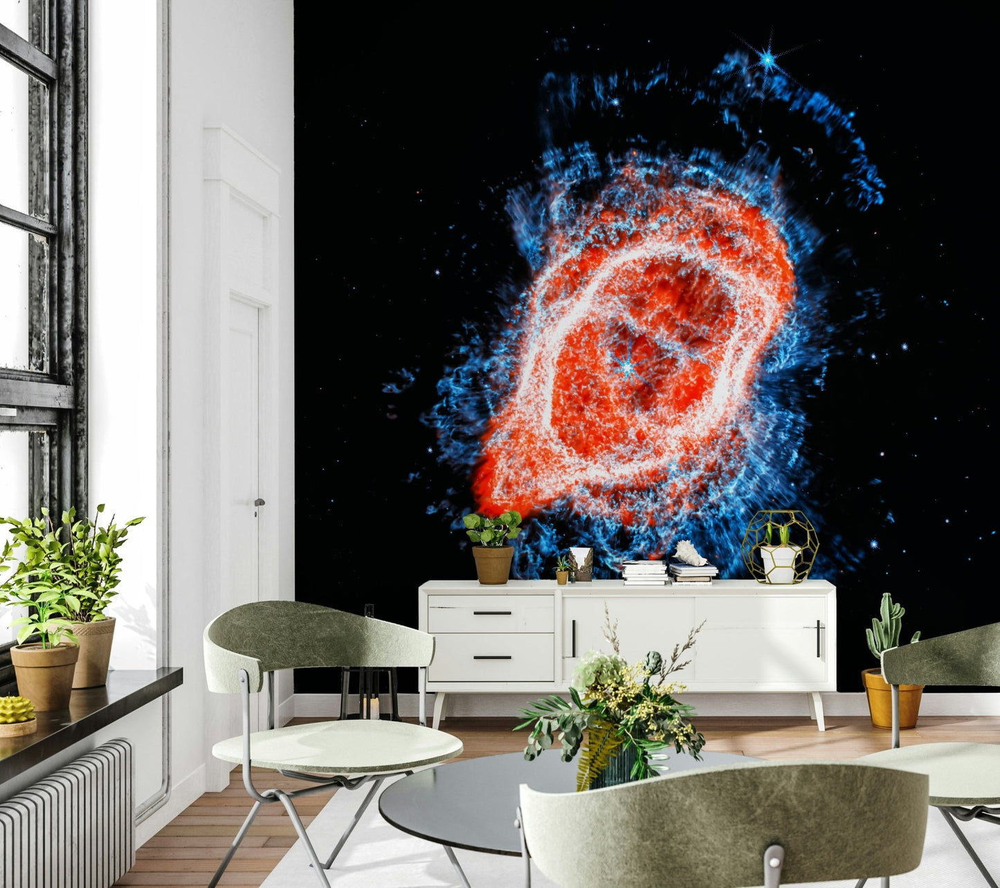 Space themed floral art wallpaper mural for a creative studio wall.