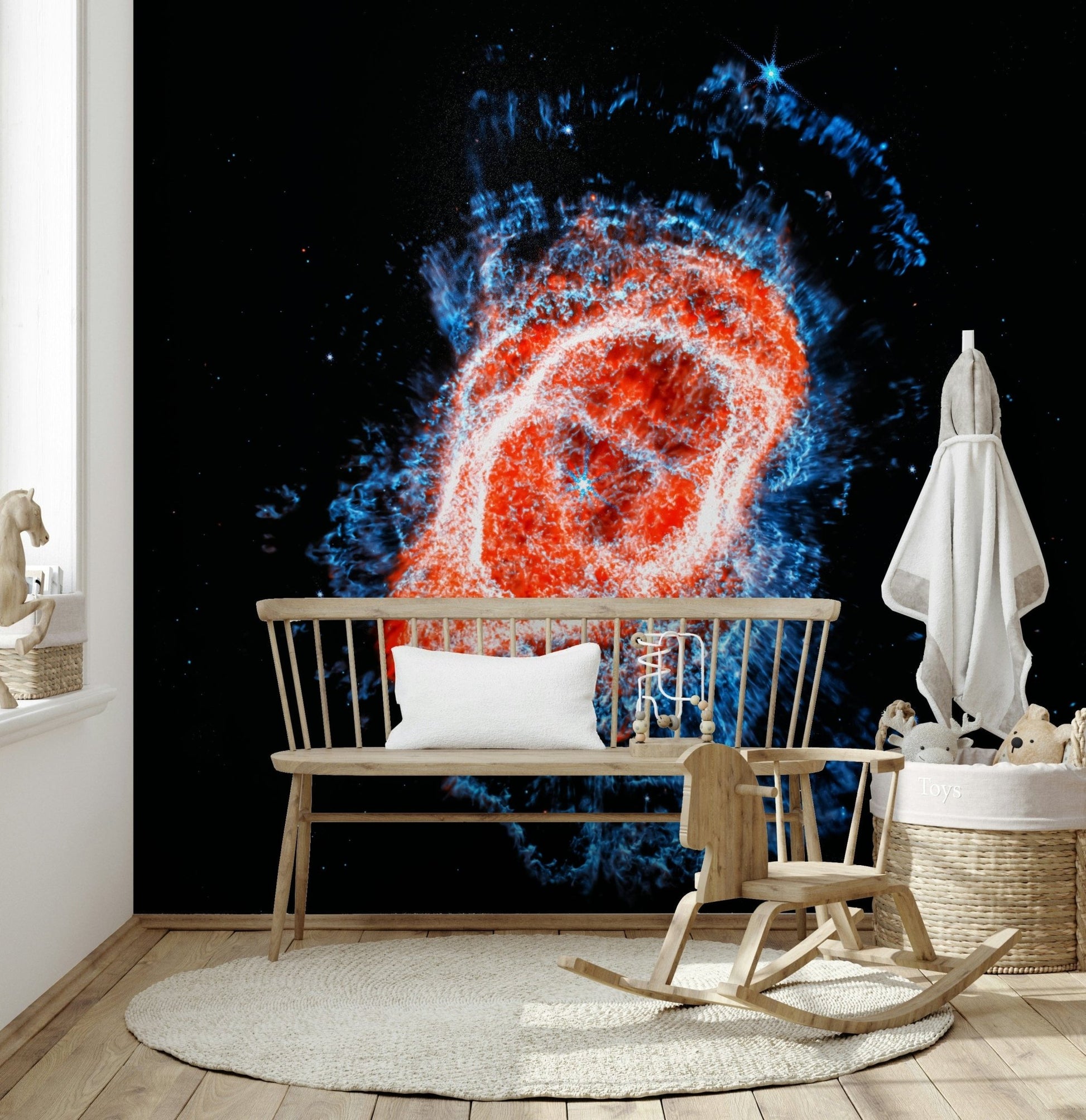 Celestial flower wallpaper mural with dark navy colour for a bedroom wall.