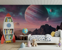 Celestial landscape wall mural with vibrant orange and blue space dust in a study