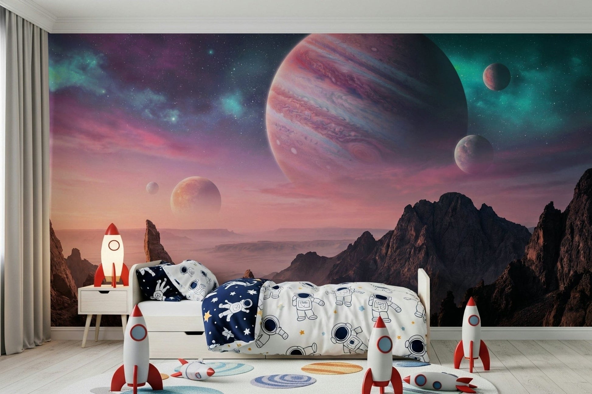 Abstract cosmic landscape wall mural for a minimalist hallway wallpaper