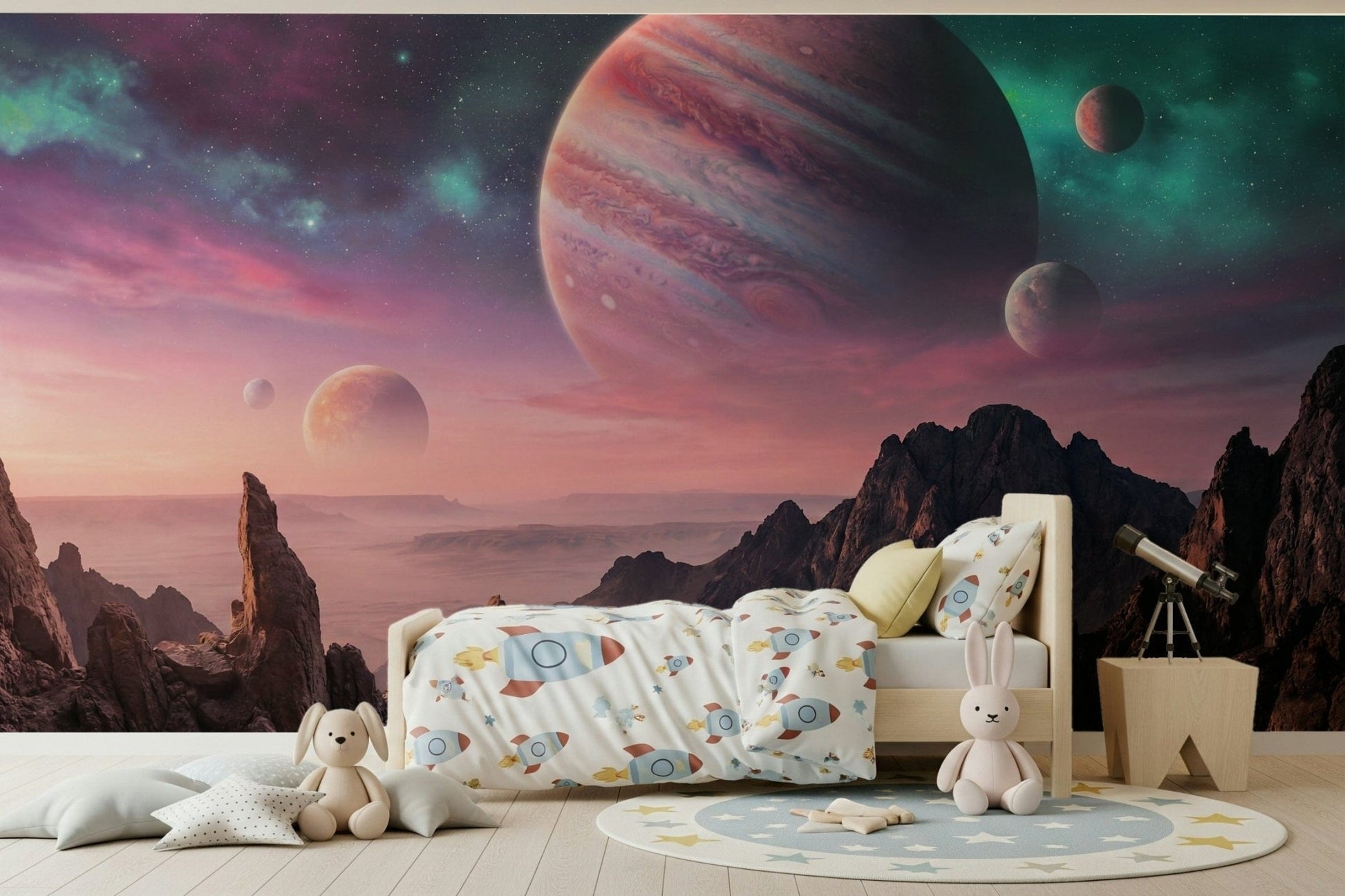 Cosmic Canyon Dreams wall mural with purple nebula over rocky peaks for bedroom wallpaper