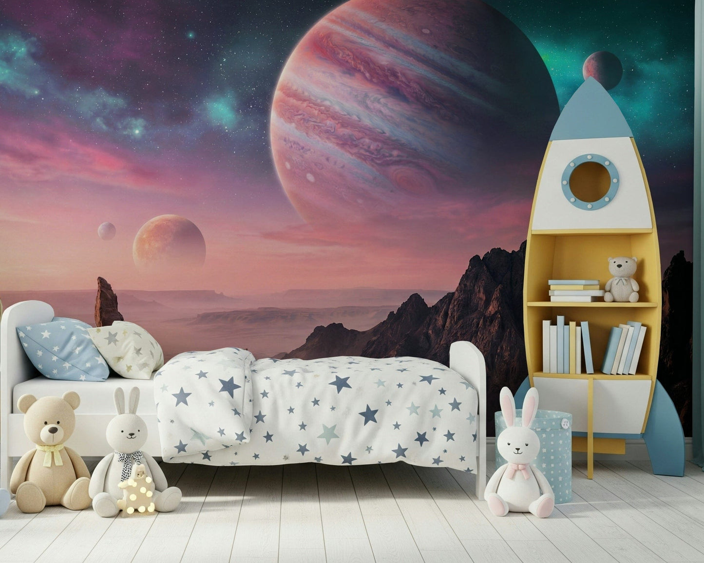 Surreal starry sky wallpaper above a deep canyon for a modern living room
