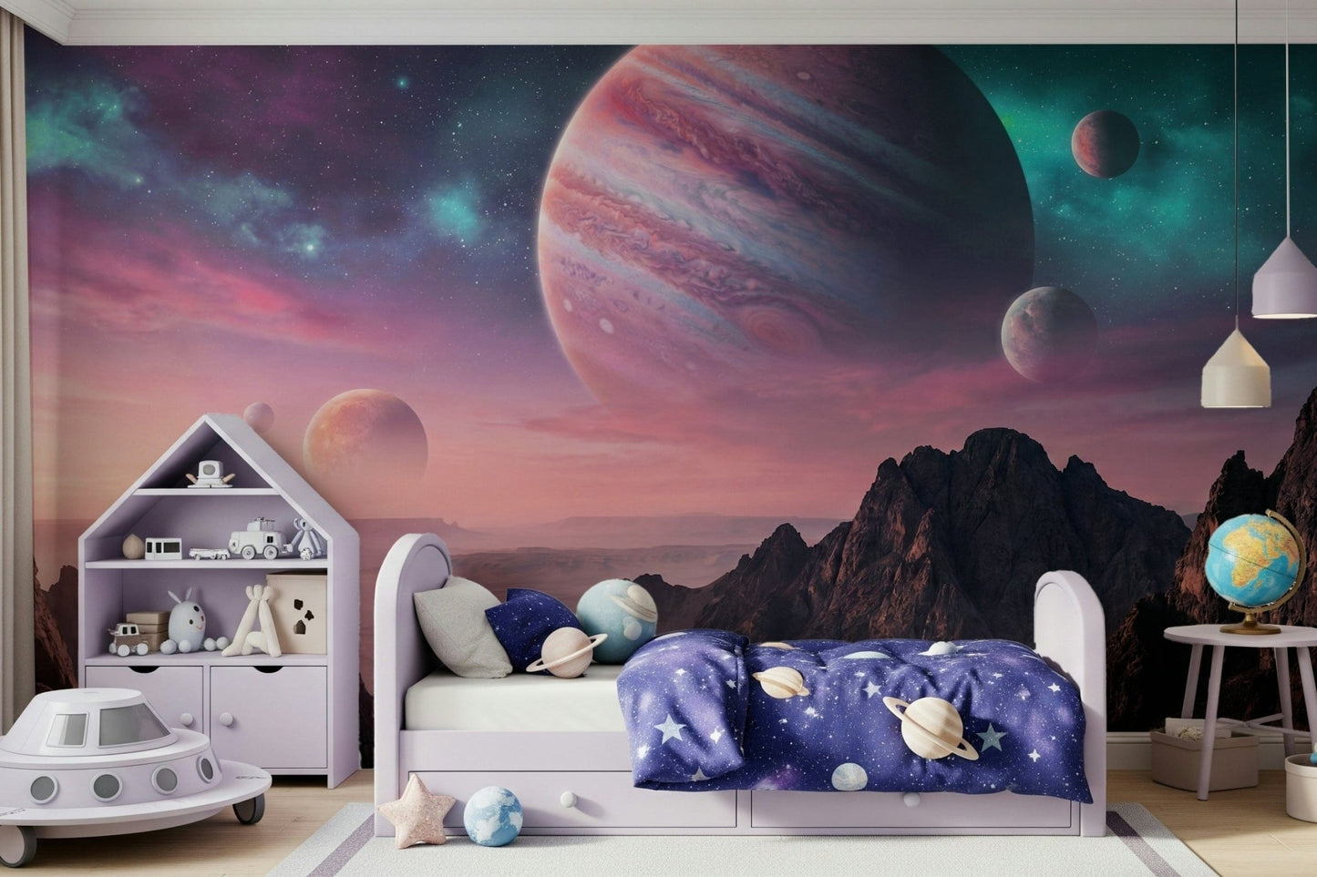 Purple and blue galaxy wallpaper for a contemporary office space wall mural