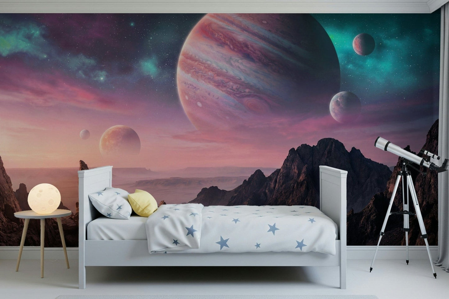 Deep space wall mural with canyon silhouettes for a dramatic feature wall