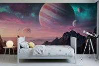Deep space wall mural with canyon silhouettes for a dramatic feature wall