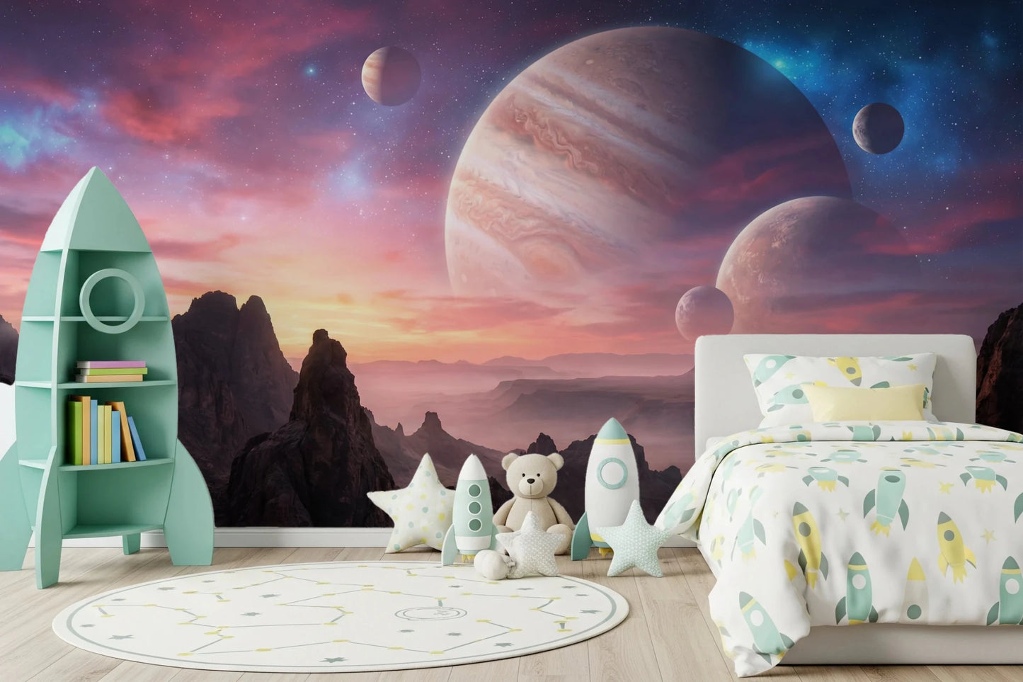 Space themed wallpaper with planets for bedroom walls.