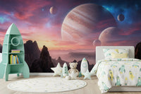 Space themed wallpaper with planets for bedroom walls.
