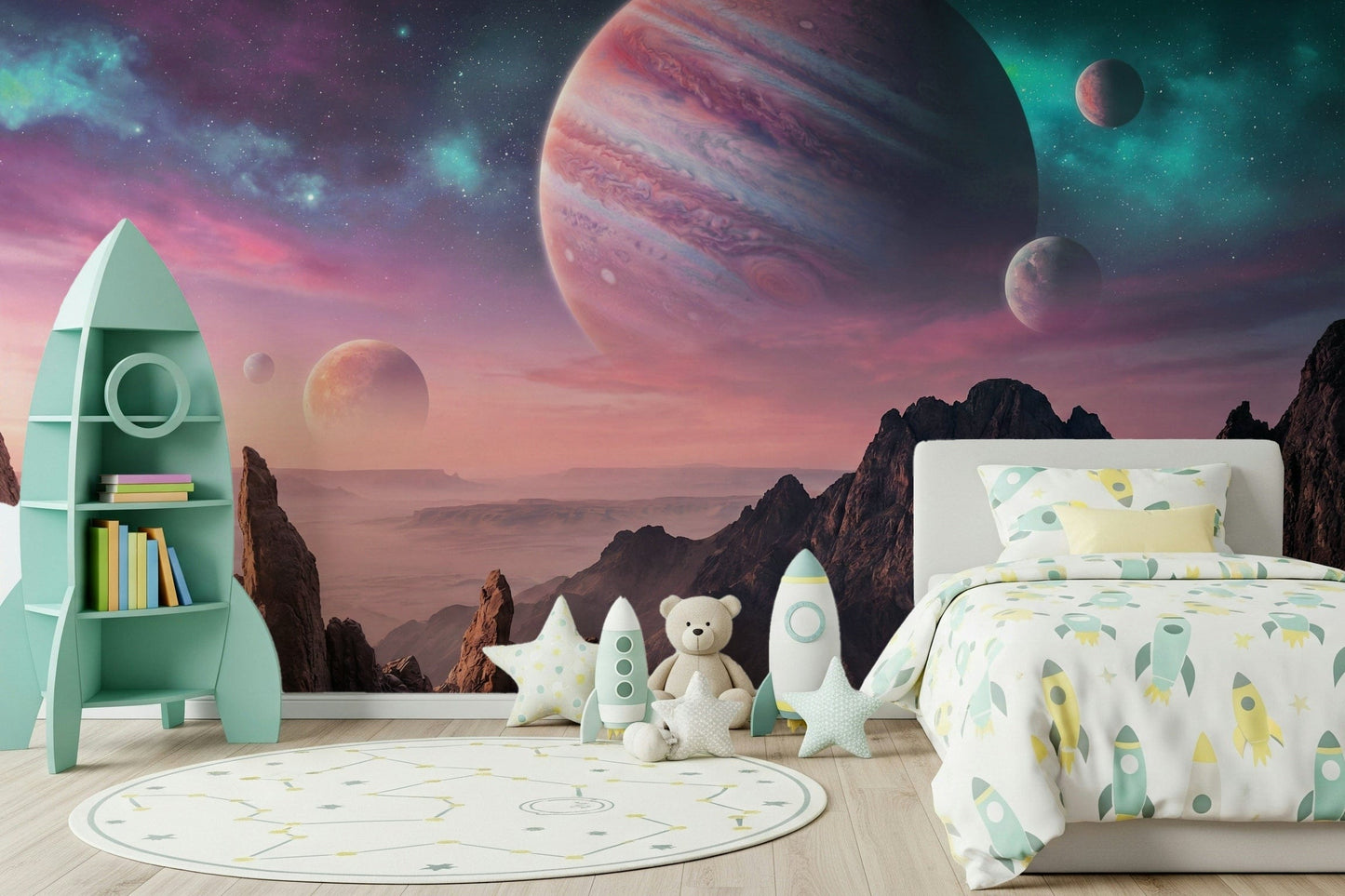 Cosmic Canyon Dreams wallpaper featuring a galactic view for a child's playroom