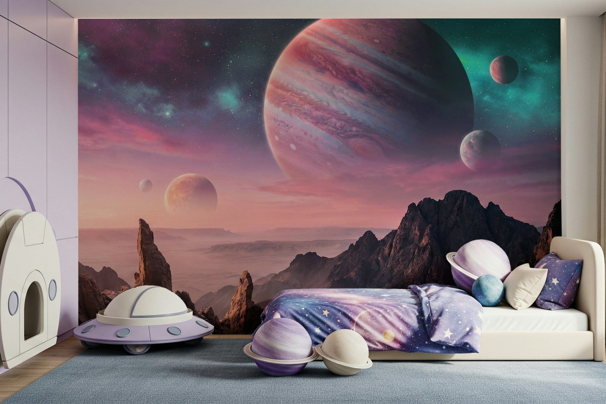 Cosmic Canyon Dreams wall mural in a creative studio with dark themed décor