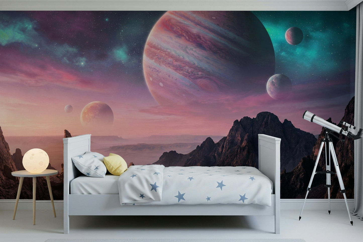 Deep space wall mural with canyon silhouettes for a dramatic feature wall