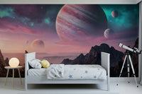 Deep space wall mural with canyon silhouettes for a dramatic feature wall