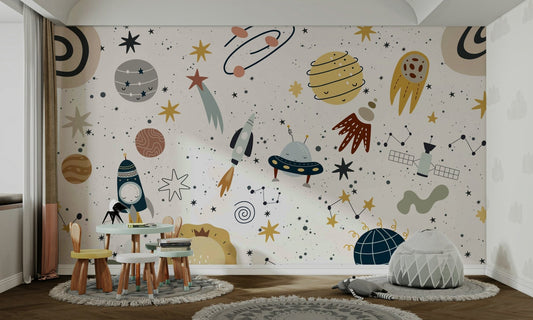 A colorful, cartoon-style space scene.

