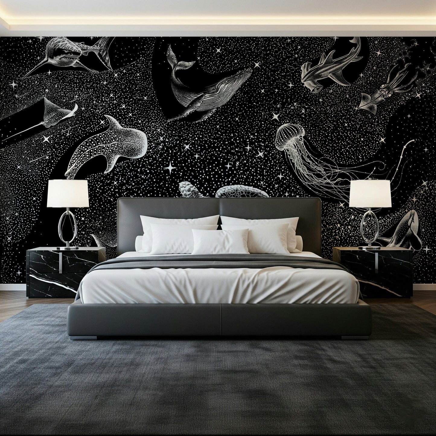 A peaceful open space mural on decorative wallpaper.