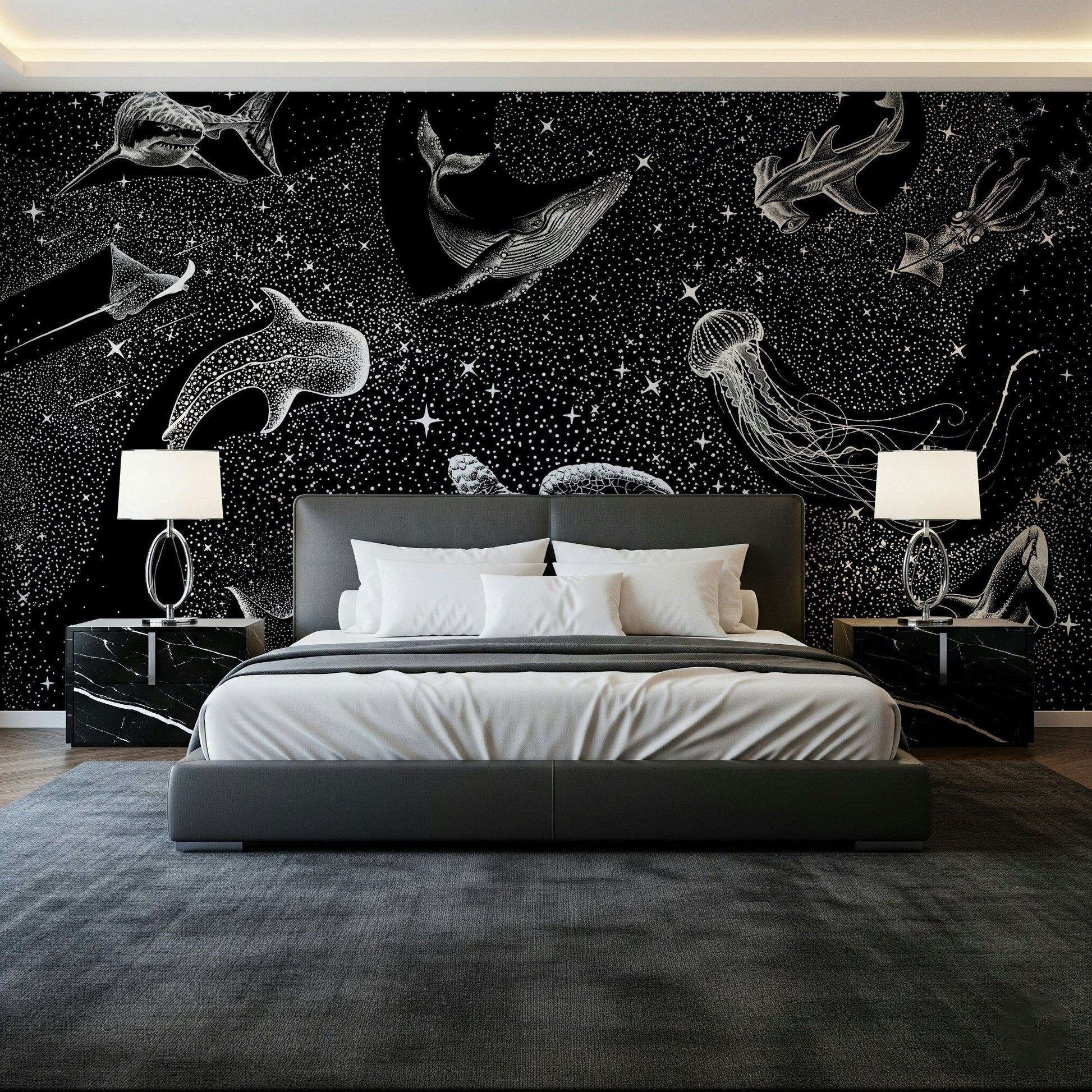 A peaceful open space mural on decorative wallpaper.