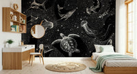 A graceful subtle star pattern wall mural in rich, dark tones.