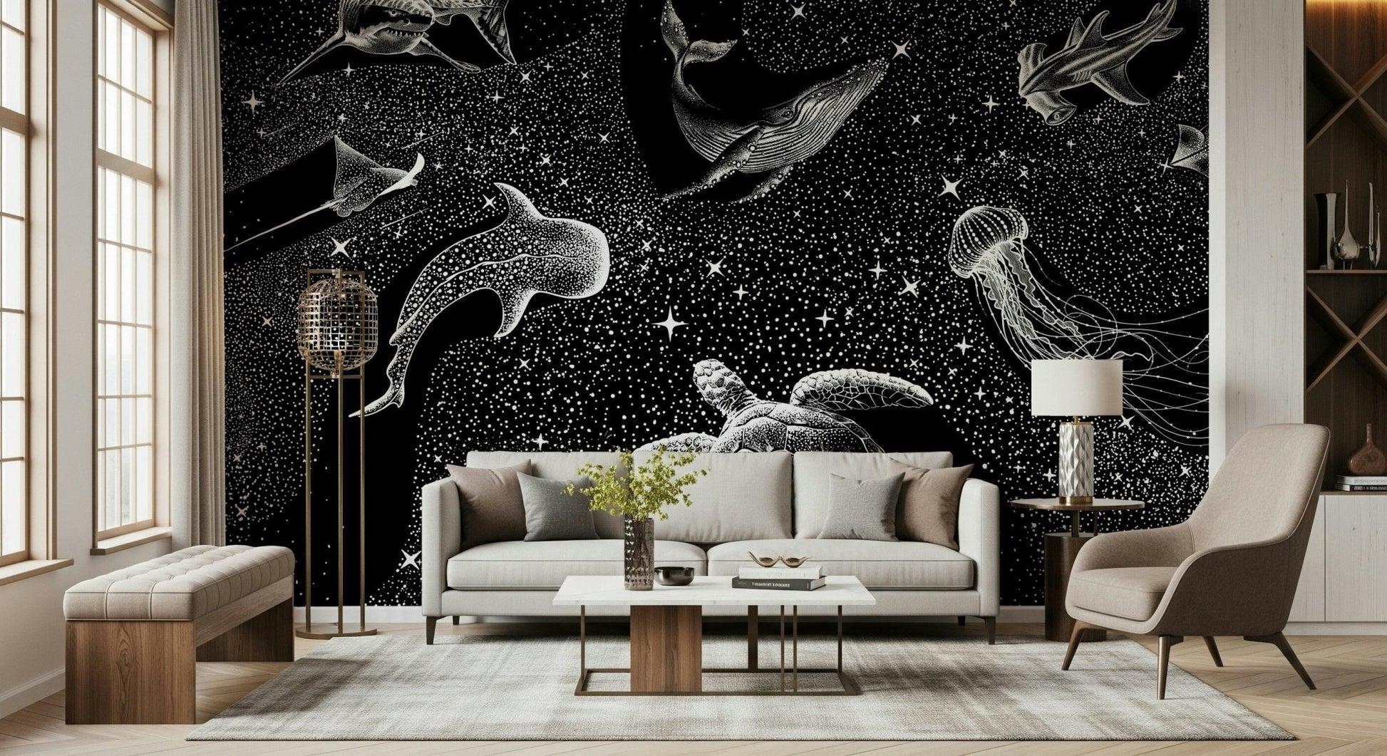 A beautiful wide-angle wall mural of a deep space.