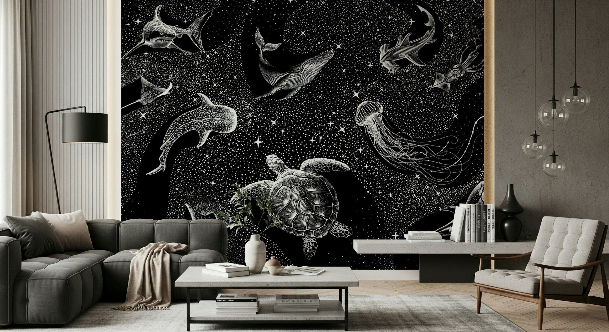 An artistic abstract cosmic mural for home decor.
