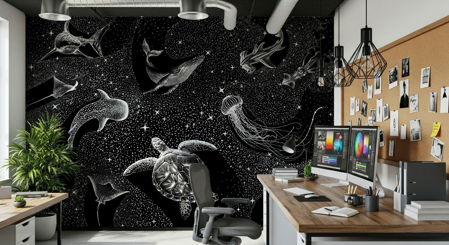 An artistic galaxy view mural on minimalist wallpaper.