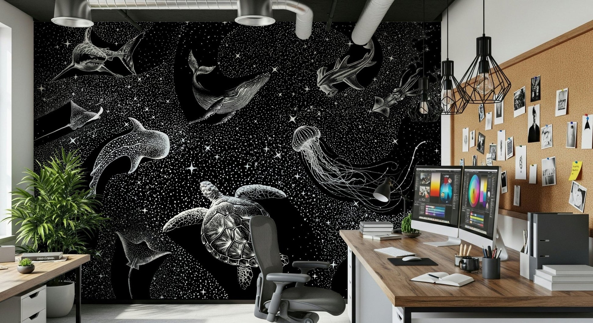 An artistic galaxy view mural on minimalist wallpaper.