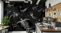 An artistic galaxy view mural on minimalist wallpaper.