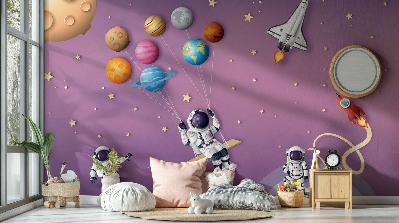 A peaceful wall mural with a celestial and whimsical design.


