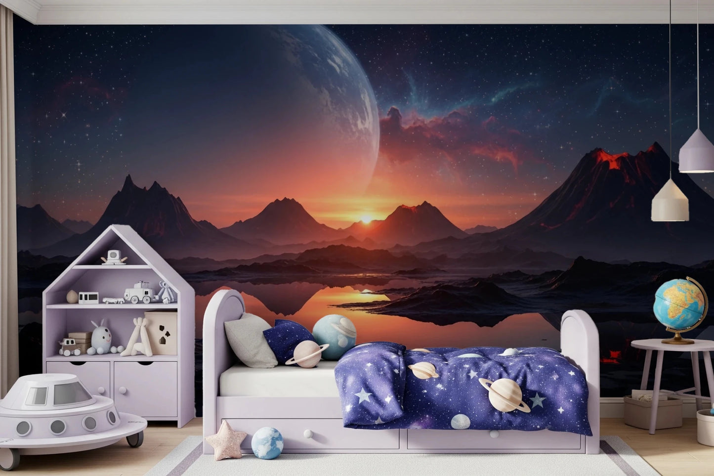 Fun bedroom corner designed with Cosmic Dusk wall mural and cosmic landscape, GD8557