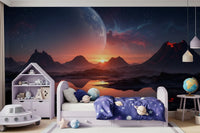 Fun bedroom corner designed with Cosmic Dusk wall mural and cosmic landscape, GD8557