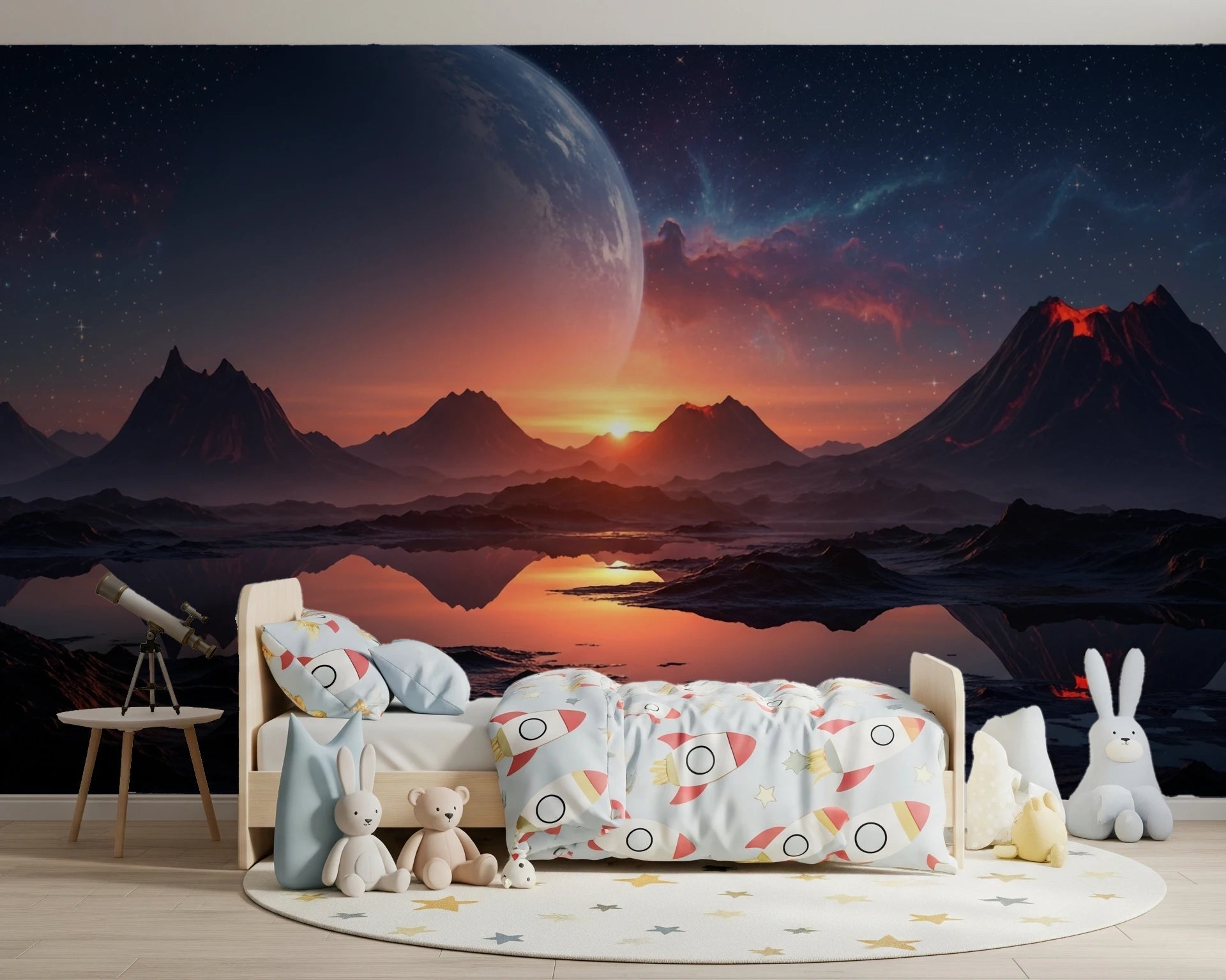 Playful children’s room featuring Cosmic Dusk wall mural with galaxy sky backdrop, GD8557