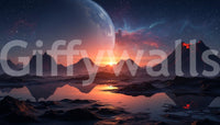 Fantasy space mural with starry sky, large planet, and mirrored mountain landscape, GD8557