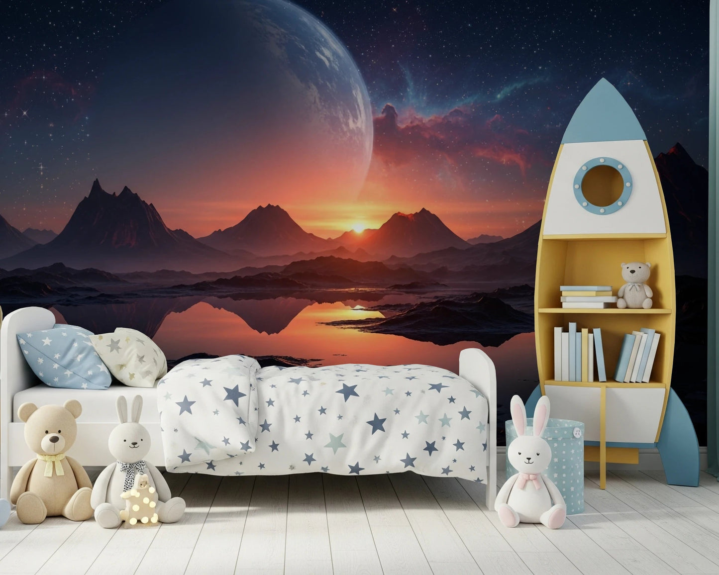 Cozy children’s corner paired with Cosmic Dusk wall mural and mountain silhouettes, GD8557