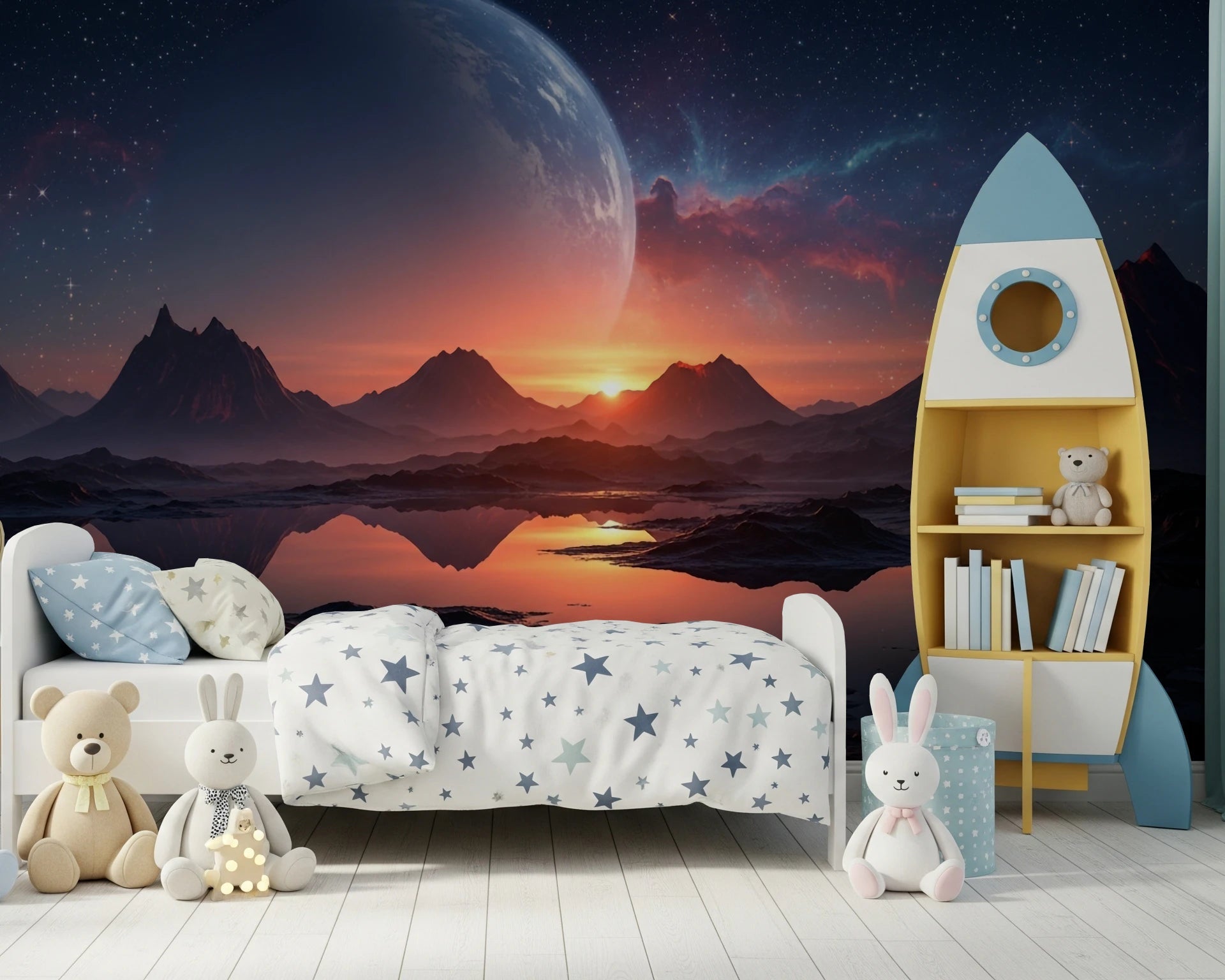 Cozy children’s corner paired with Cosmic Dusk wall mural and mountain silhouettes, GD8557