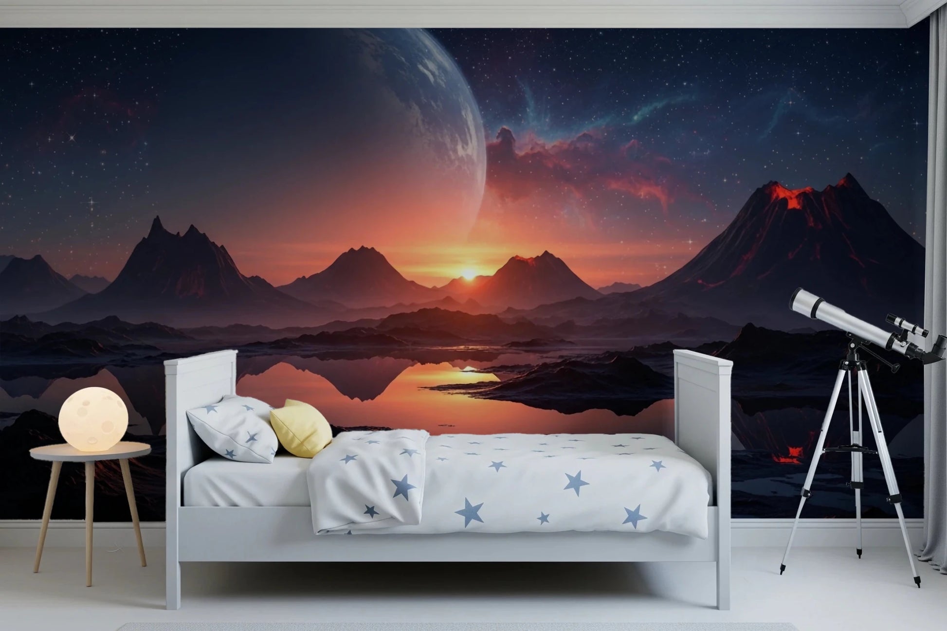Modern children’s room balanced with Cosmic Dusk wall mural and cosmic horizon, GD8557