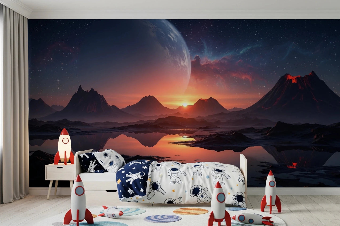 Creative kids space enhanced by Cosmic Dusk wall mural and mountain sunset view, GD8557