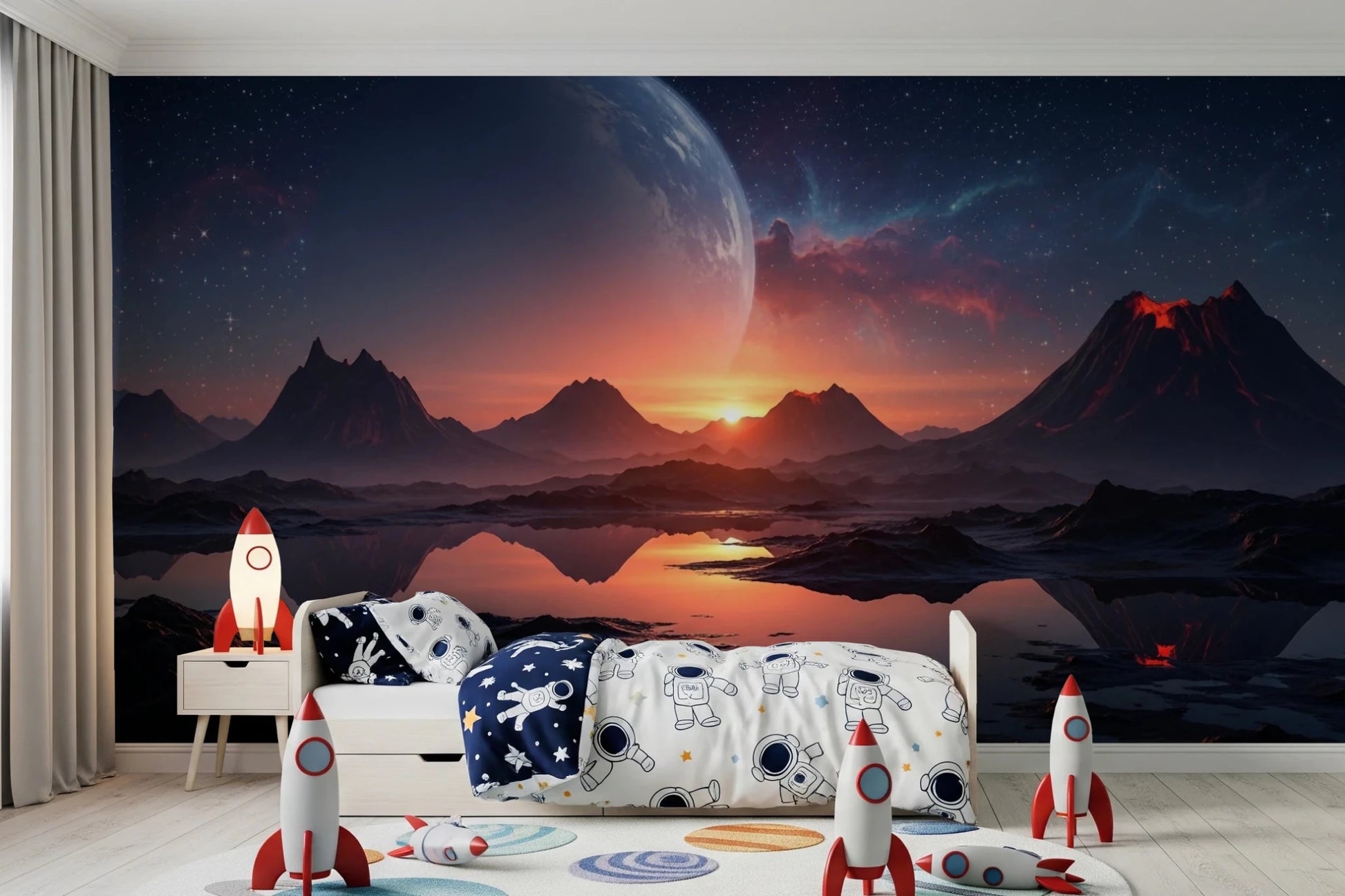 Creative kids space enhanced by Cosmic Dusk wall mural and mountain sunset view, GD8557