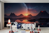 Creative kids space enhanced by Cosmic Dusk wall mural and mountain sunset view, GD8557