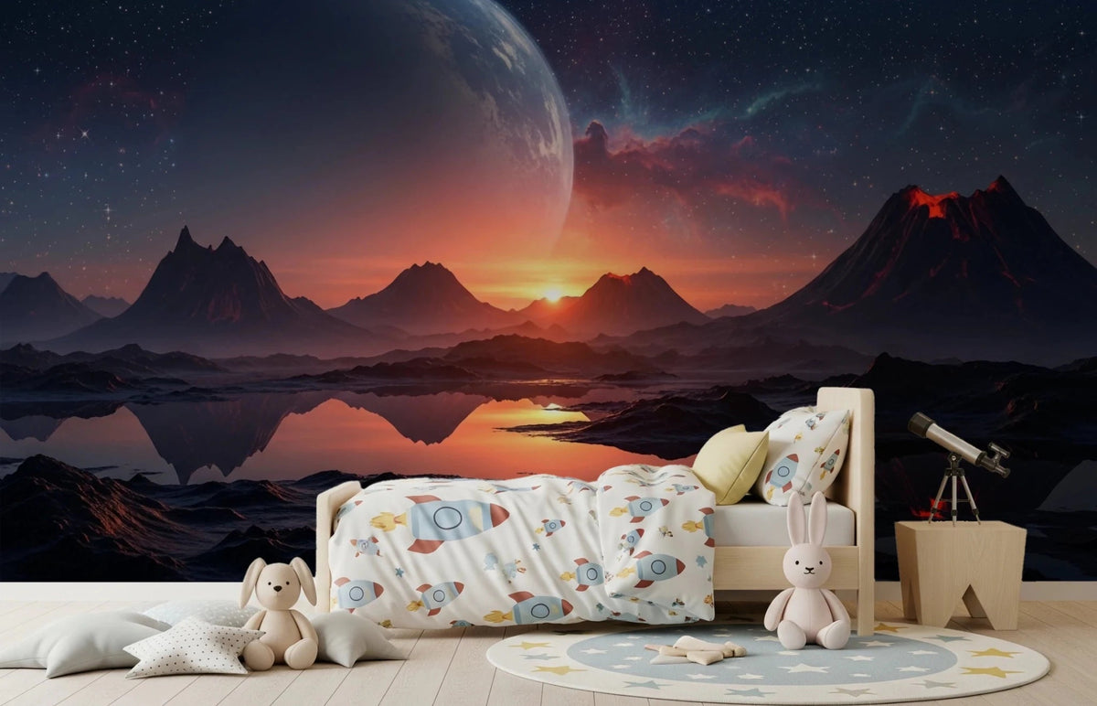Kids bedroom styled with Cosmic Dusk wall mural and glowing sunset planet scene, GD8557