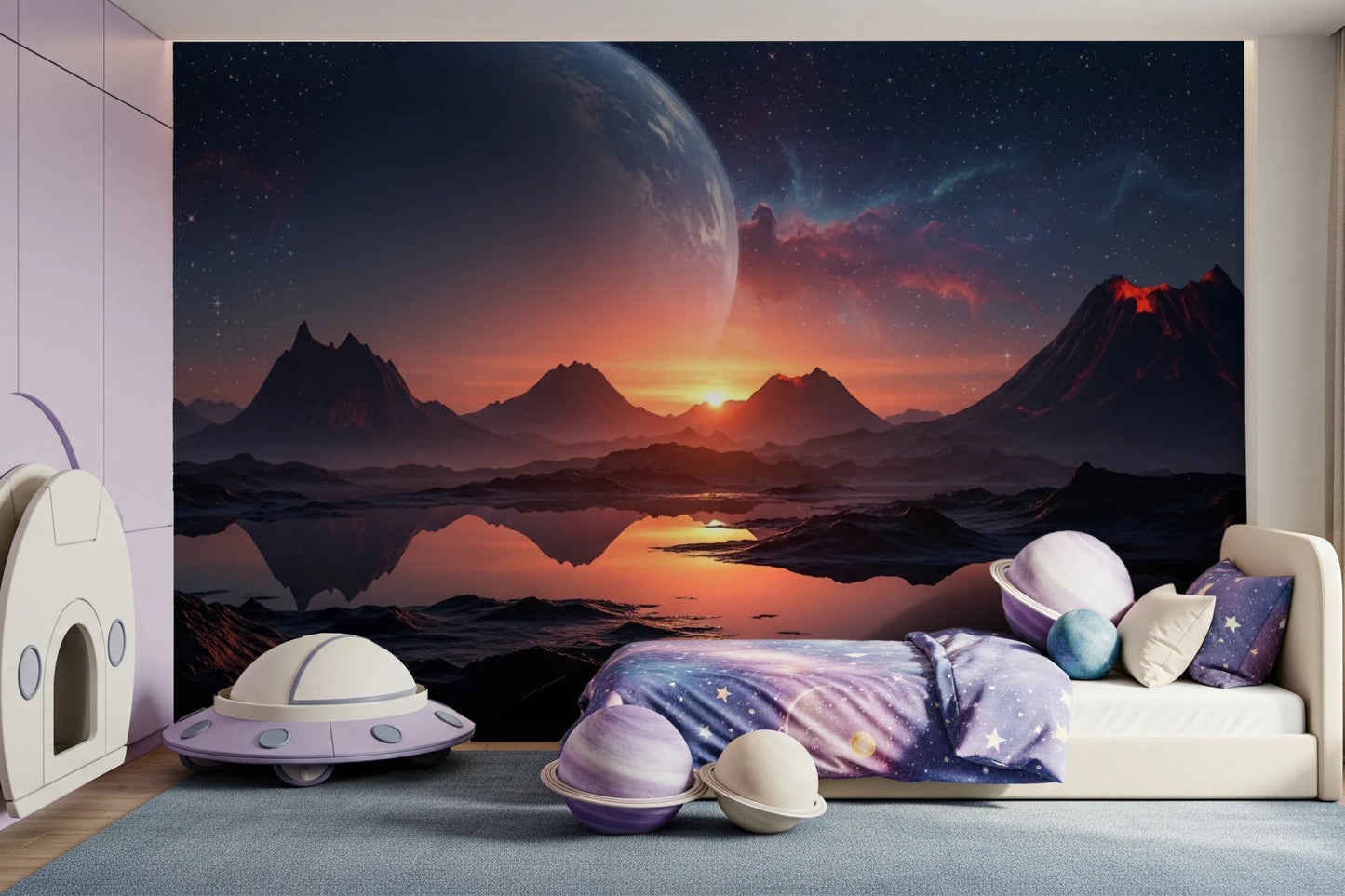Bright kids bedroom finished with Cosmic Dusk wall mural and planet sunset theme, GD8557