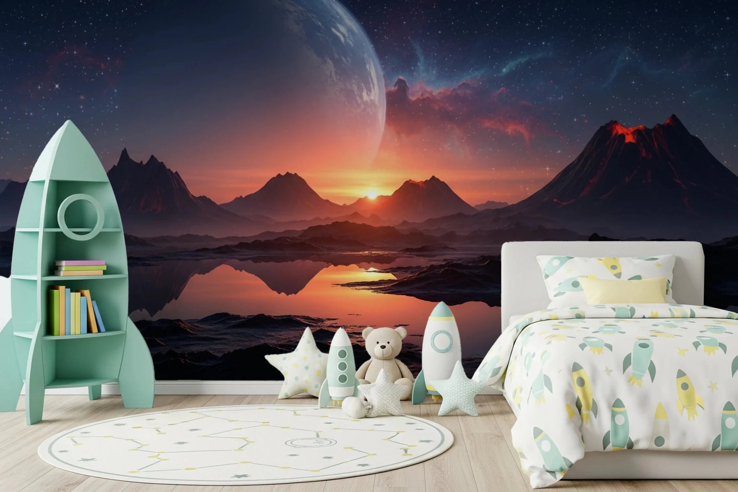 Imaginative playroom setup using Cosmic Dusk wall mural with starry sky tones, GD8557