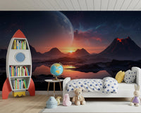 Soft kids sleeping area framed by Cosmic Dusk wall mural and reflective lake scene, GD8557