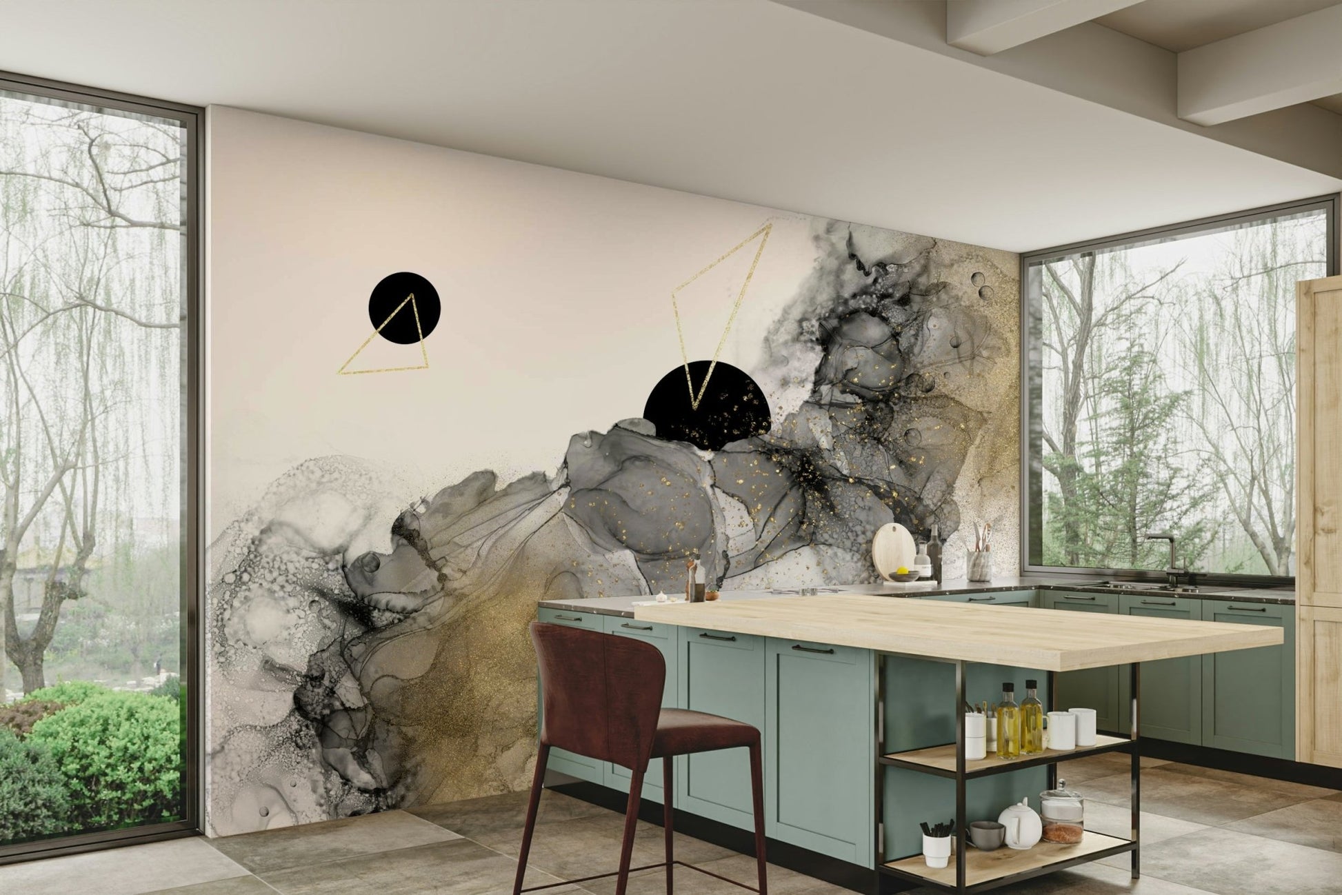 Beautiful cosmic swirl wall mural in modern home.

