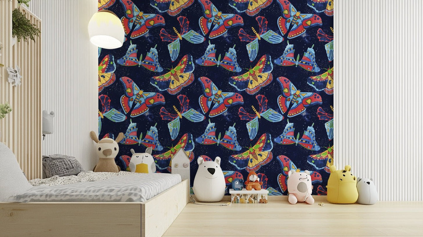 Kids or teen room wallpaper with dreamlike moth and universe motif.

