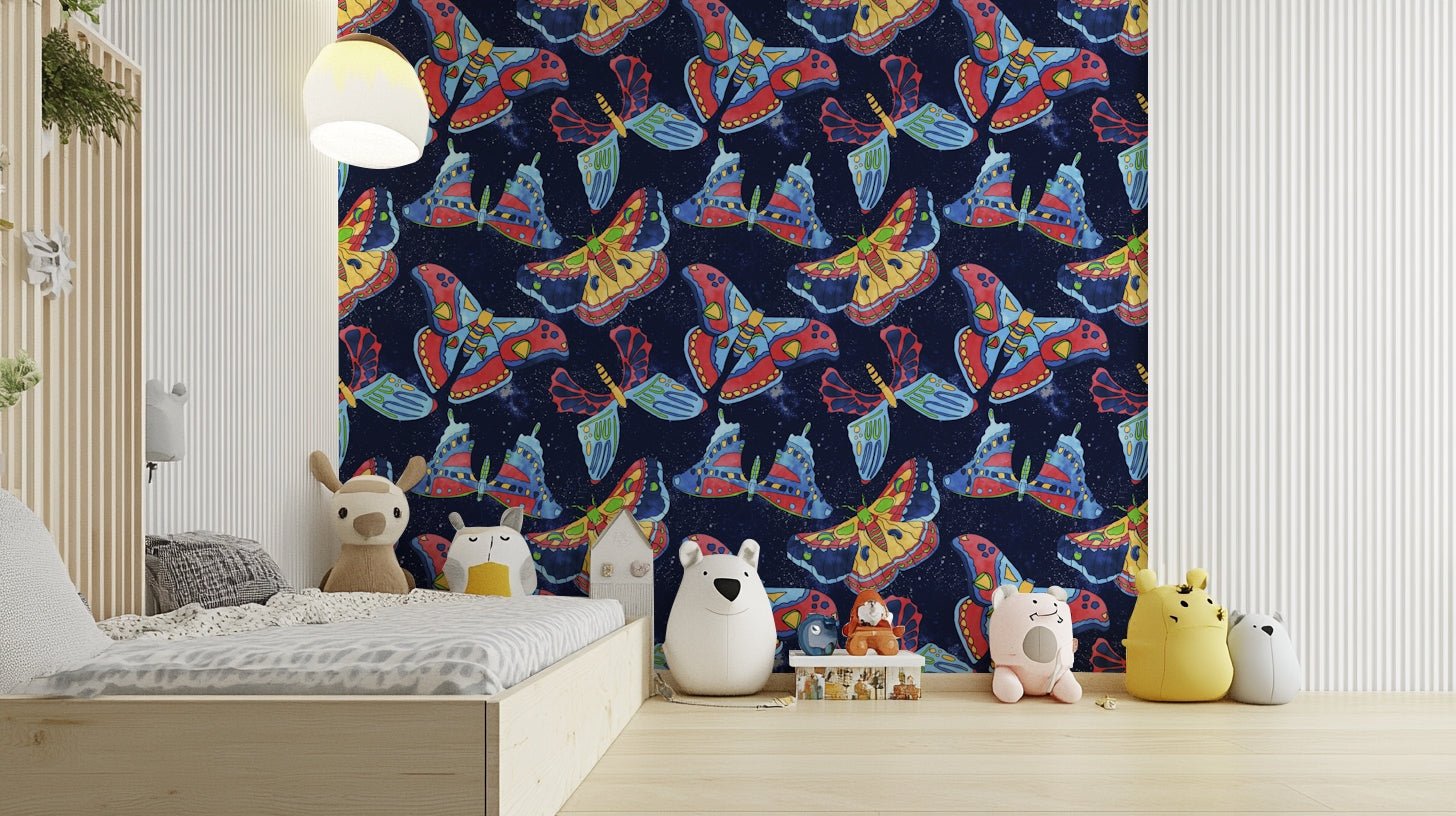 Kids or teen room wallpaper with dreamlike moth and universe motif.

