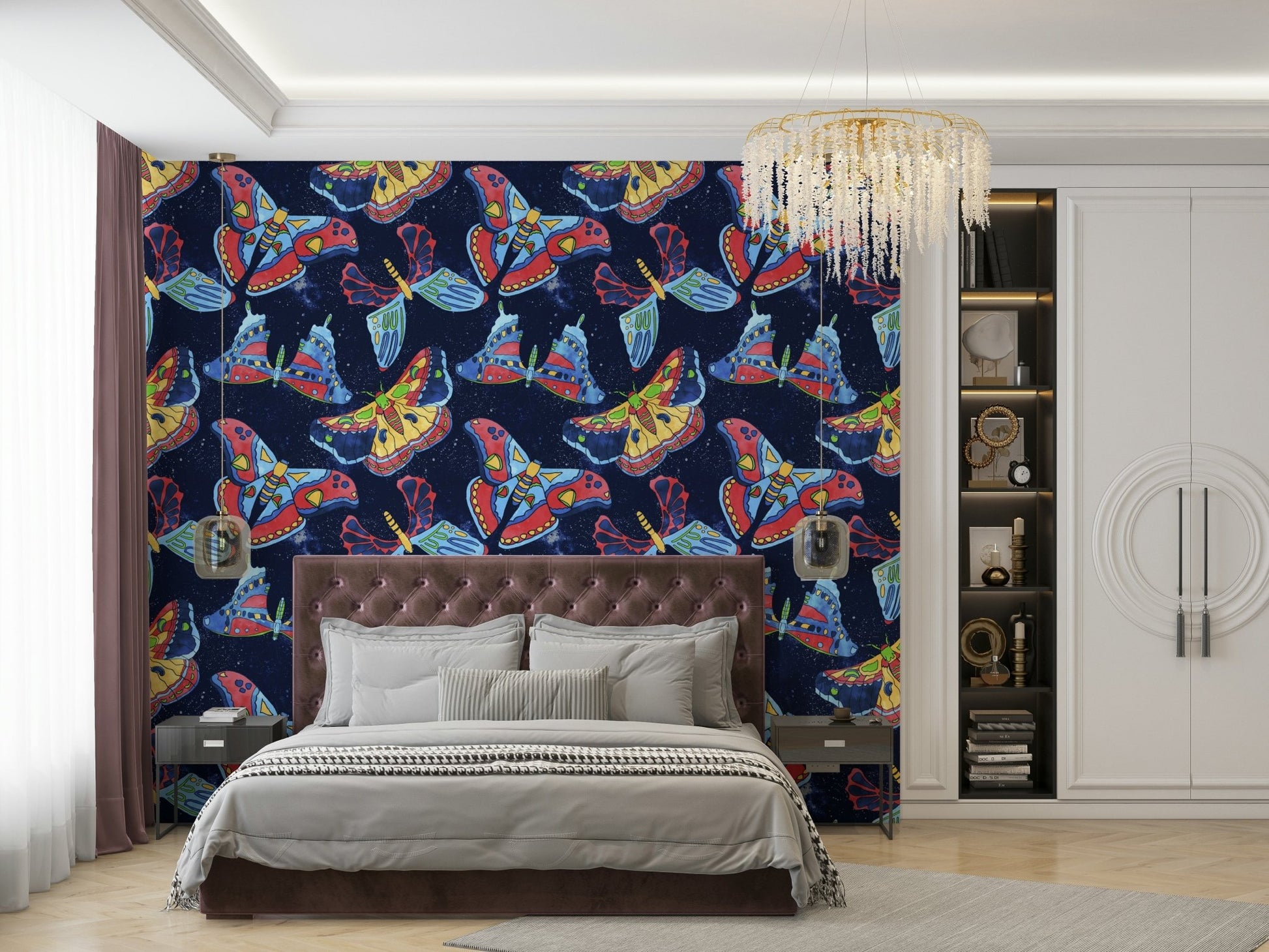 Whimsical wallpaper showing moths orbiting stars and moons.

