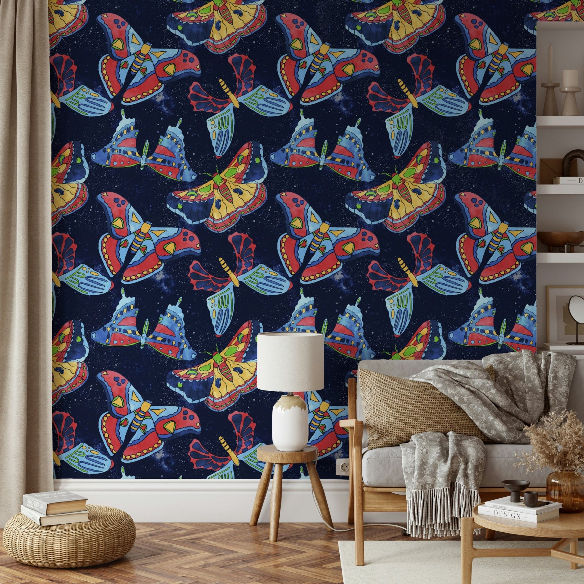 Astrology-themed wallpaper with zodiac elements and luminous moths.

