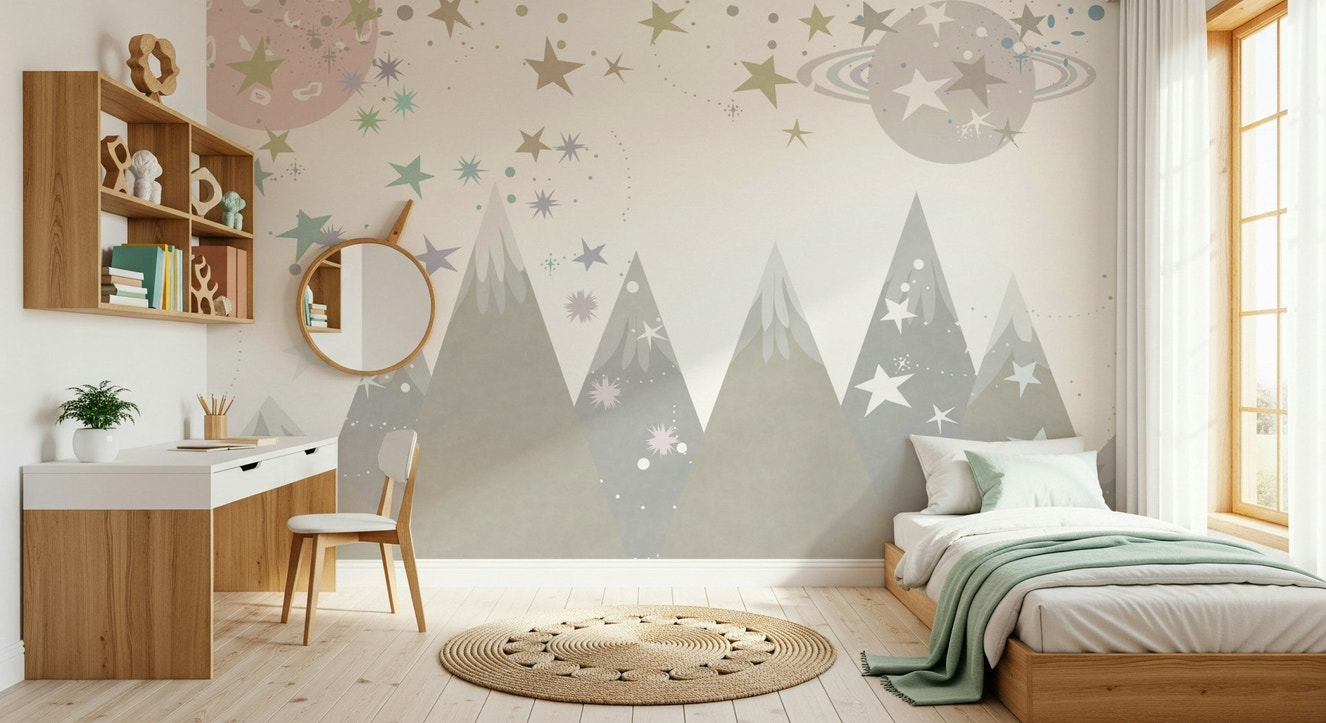A beautiful abstract mountain wallpaper mural with cosmic, starry sky effects.